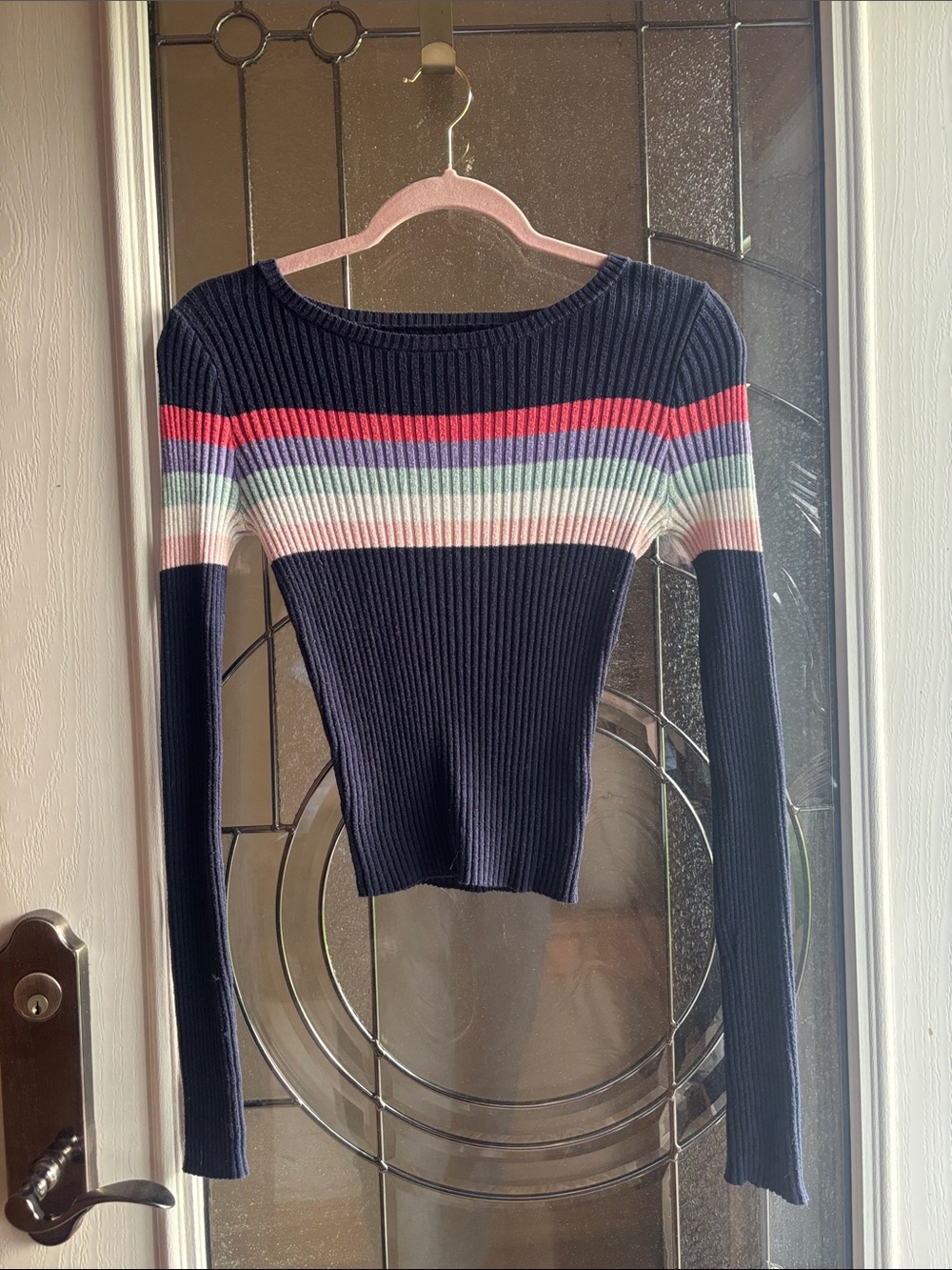 Aeropostale Navy Ribbed Sweater with Multicolor Chest Stripe